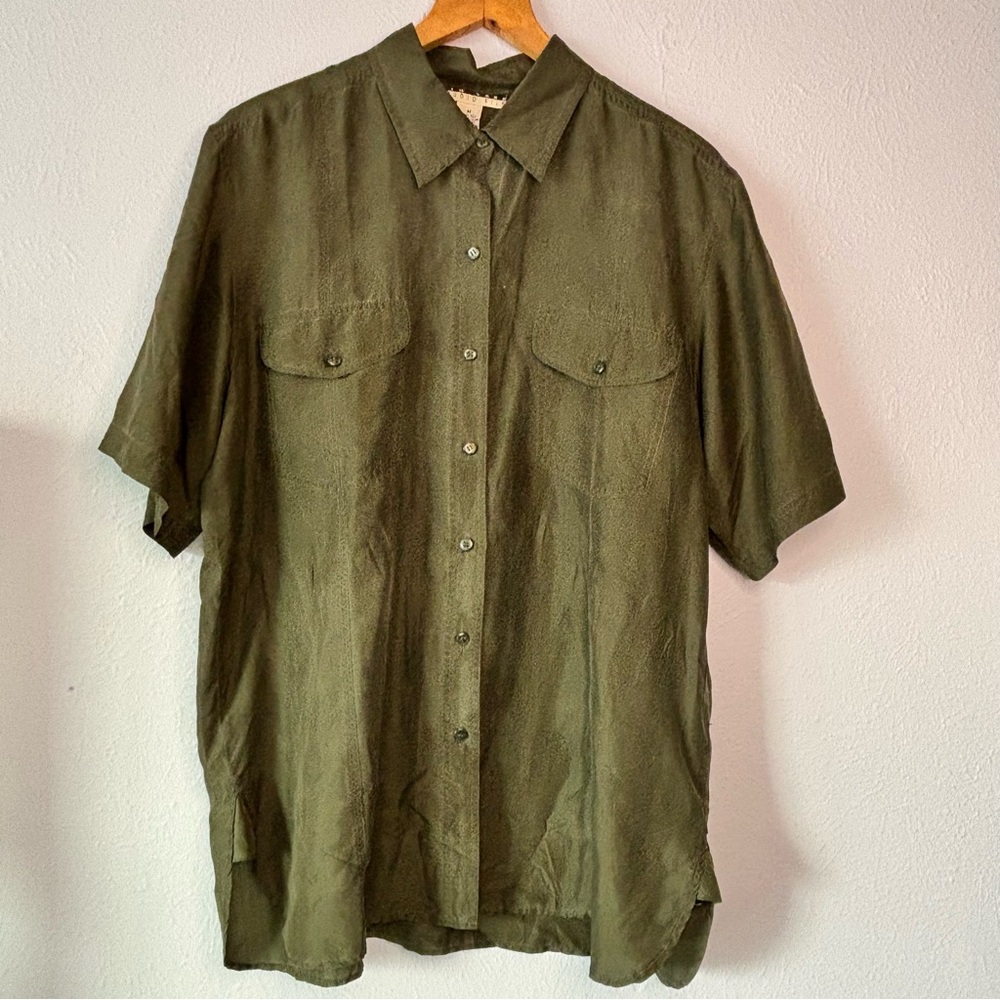 Vintage Elegant Olive Green Women's Button Down Shirt 100% Silk Size medium